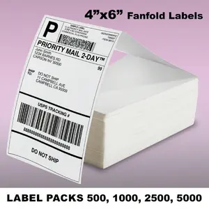 4x6 Direct Thermal Shipping Labels, Fanfold 100 X 150 Mm, Self Adhesive Address and Barcode Labels, Ink Free Printing for Thermal Printers