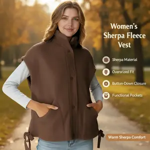 Sherpa Jacket for Women Casual Fleece Vest Oversized Sleeveless Outwear Warm Button Down Gilet with Pockets
