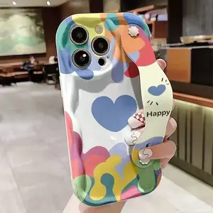 Anti-Drop Cream Wrist Strap Cellphone Case, Heart Pattern, Shockproof, Compatible with iPhone 11-17 Pro Max, Sweet Girl Style, Fashion