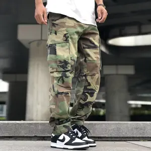 Men’s casual straight loose camouflage cargo pants for spring and autumn, vintage style, relaxed fit