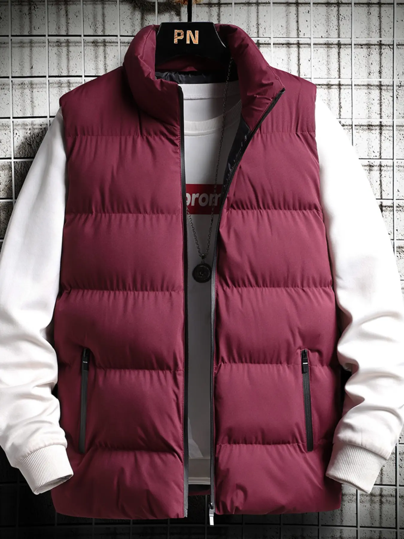 Men's Winter Cotton Vest, Gilet, Sleeveless Warm Zipper Jacket, Lightweight Stand Collar, Casual Daily Wear, Plain Pattern, Fitted Style