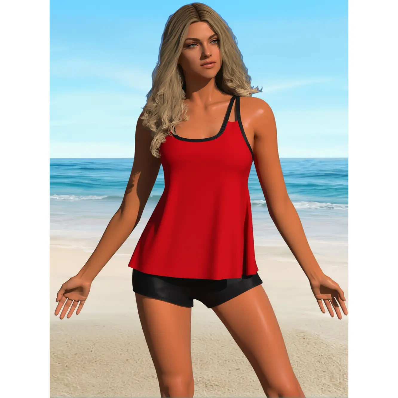 Plus Size Red Racerback Tankini Set| Flowy Top & High Waist Shorts Red & Black Plus Size Tankini Set| High Waist Bottoms for Extra Coverage swimsuit outfit two-piece tankini swimsuit