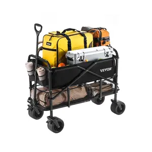 fathersdaygift VEVOR Double Decker Wagon Collapsible, 400L Heavy Duty Folding Wagon Cart, Extended Long Garden Cart with All-Terrain Wheels, Support Up to 450lbs, Outdoor Utility Wagon for Camping, Sports, Shopping