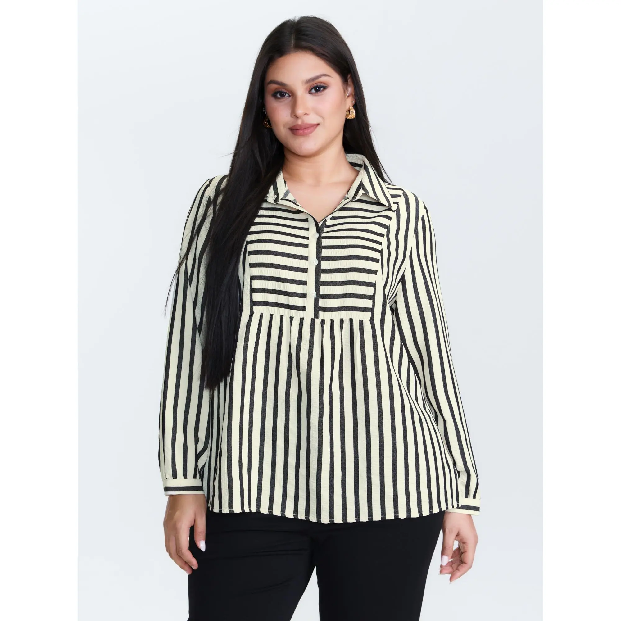 Women's Plus Size Blouse with Striped Collar, Textured Long Sleeve Half-Placket Office Top with a Smooth, Flattering Fit, Garment, Cotton, Fabric, Shirts, Fitted, Women's Tops And Blouses, Blouses For Women