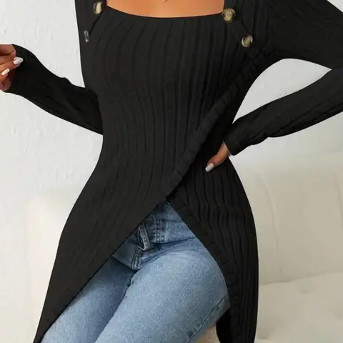 Women's Fall Winter Square Neck Long Sleeve Fitted Knit Dress, Vintage French Button Knit Top, Asymmetrical Hem, Casual Style, Knitwear For Fall