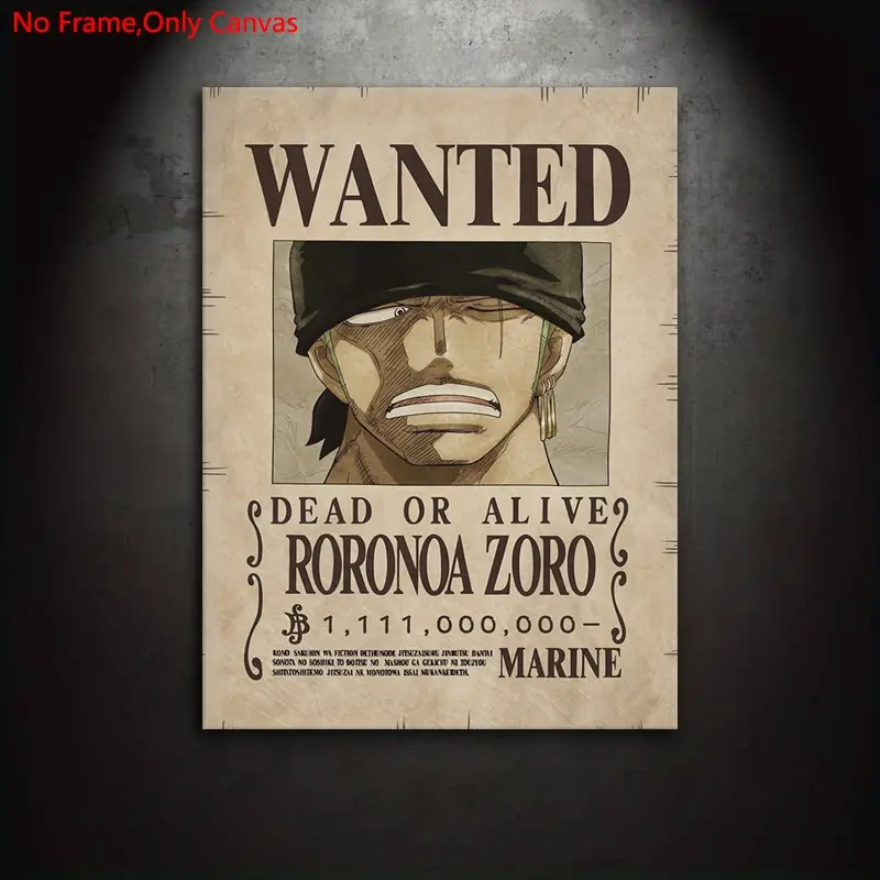 1 piece/set of frameless canvas painting print poster, Unframed Art Print, classic vintage art, Wanted Roronoa Zoro, perfect gift for Japanese anime lovers, ideal gift for bedroom, living room, kitchen, dormitory hallway, wall decoration, room decoration
