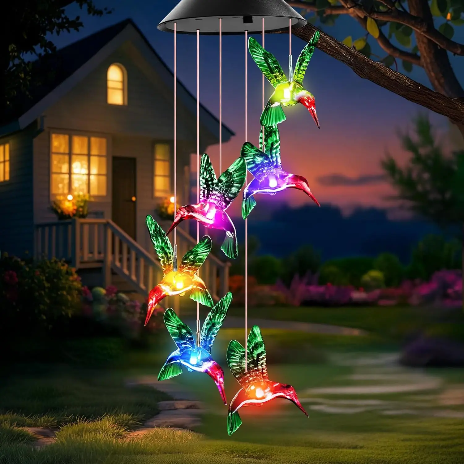 Solar Outdoor Lights Wind Chimes with Color-Changing LED Lights, Bird Motifs Hummingbird Butterfly Crystal Ball Hanging Decor for Outdoors Garden Patio, Birthday Gift for Mom