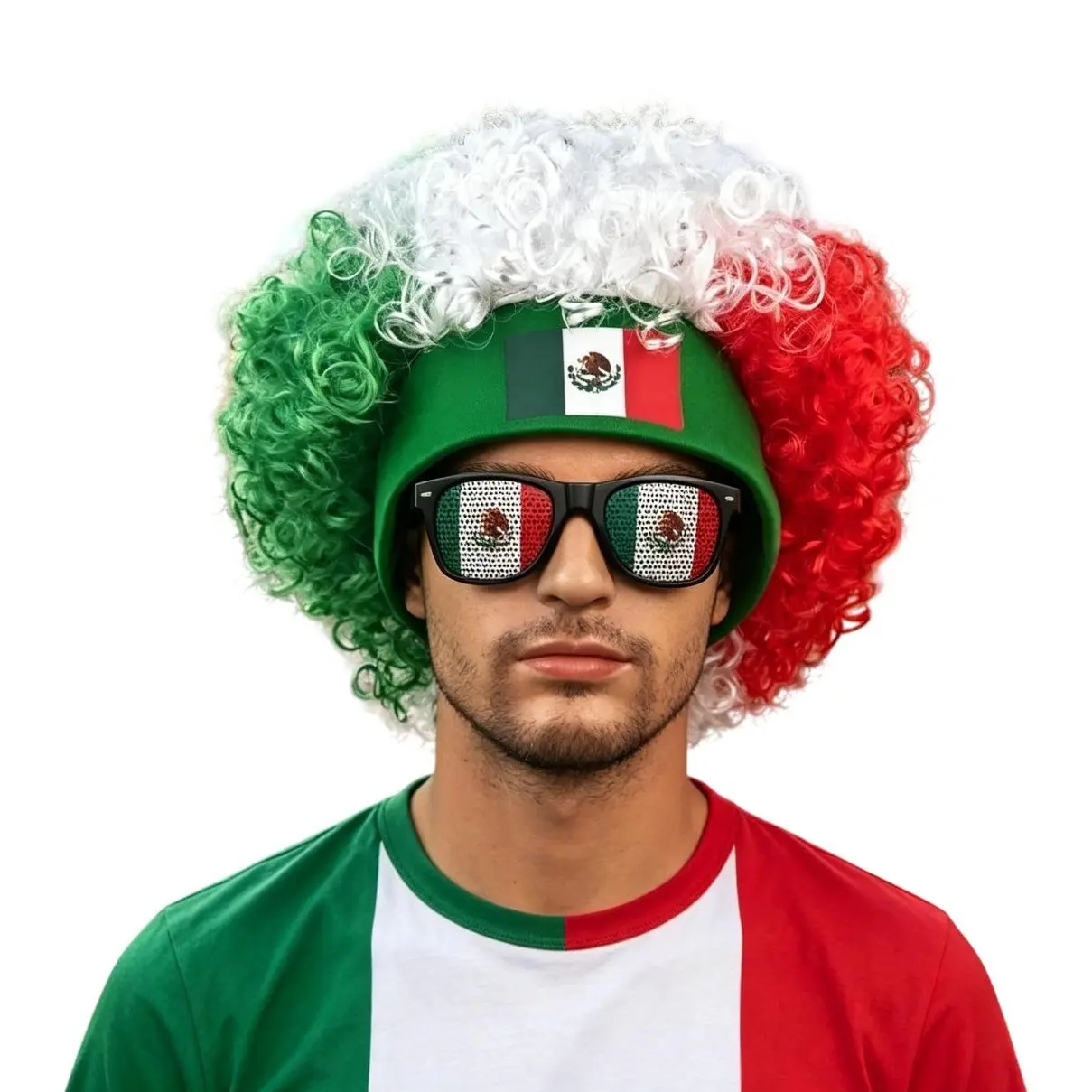 2026 new 2Pcs Mexico National Flag Fan Costume Accessory Set, Green White Red Fluffy Afro Curly Wig Flag Headband & Mexican Flag Print Lens Sunglasses,Adult Cheer Accessory Kit For National Holiday Party Decor Celebrating Mexico's victory,summerwins