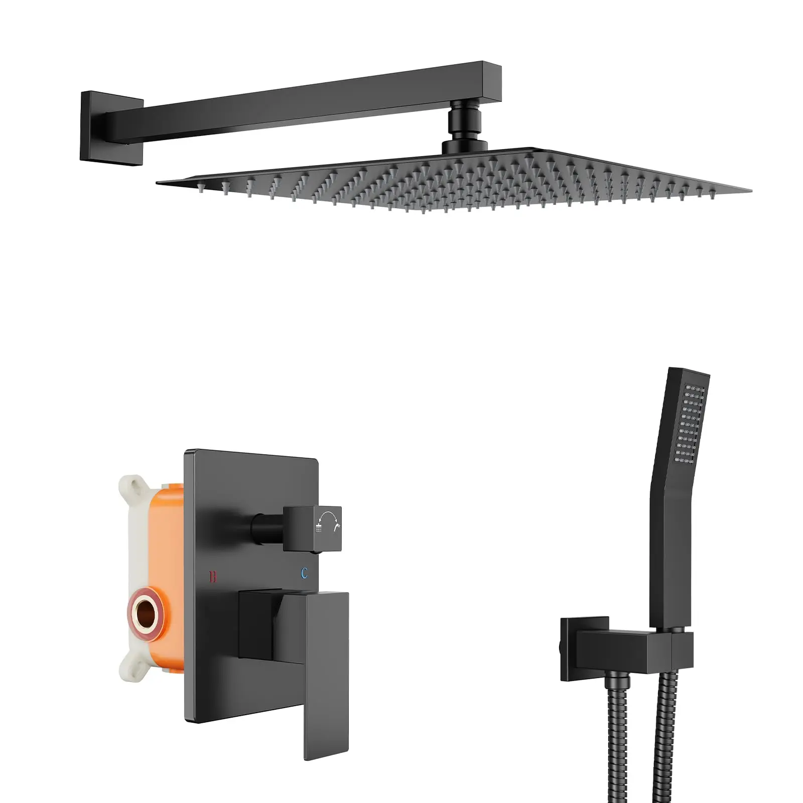 Rainfall Shower Faucet Set - 12 in Square Shower Set Complete with High Pressure Rain Showers head and Handheld, Wall Mounted Showers System With Pressure-Balanced Valve, Matte Black