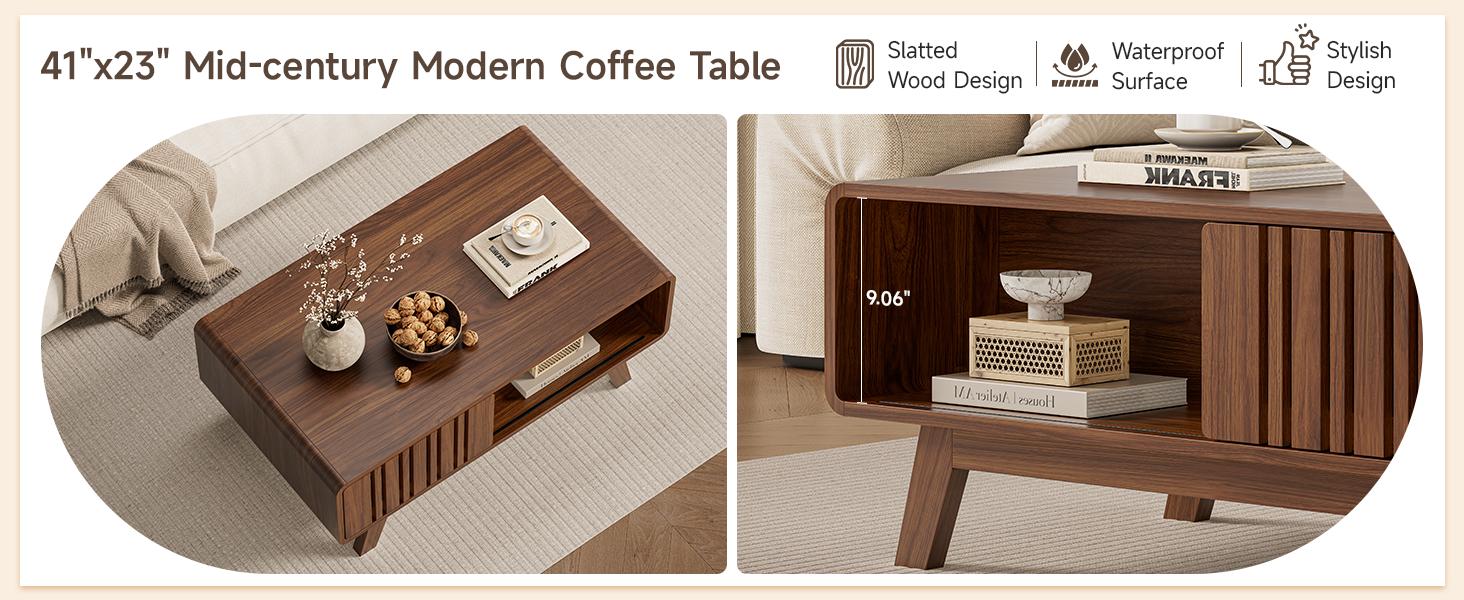 【SPOTLIGHT DAY】ONBRILL Coffee Table, Mid Century Modern Table with Storage Compartment, Fluted Table with Sliding Cabinet Door, Farmhouse Wood Coffee Table for Living Room