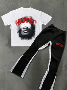 Men's New Street Style American Figure Portrait Print Short Sleeve + Flared Long Pants Two-Piece Set, Casual Spring Summer Unisex