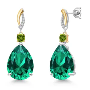 Gem Stone King 925 Silver and 10K Yellow Gold Green Nano Emerald and Green Peridot and White Lab Grown Diamond Earrings For Women | 19.21 Cttw | GemstoneMay Birthstone | Pear Shape 18X13MM