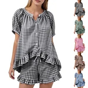 WoodBerry Women's 2-Piece Gingham Pyjama Set, 100% Cotton Short-Sleeve Ruffle Babydoll Shirt & Shorts, Casual Loungewear for All Seasons Summer Sleepwear Outfits