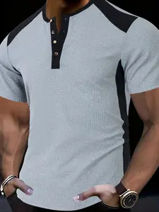 Men's Fashion Casual Business Henry Shirt, High-End Waffle Knit, Essential Golf Polo Set, Breathable Warm, Indoor & Outdoor, Fitted