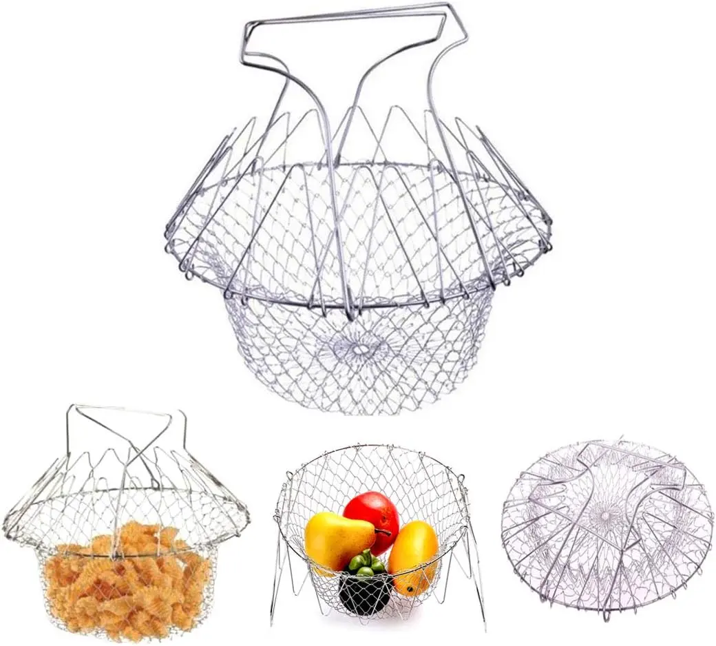 304 Stainless Steel Folding Sturdy Food Colander Kitchenware - Foldable Draining Mesh Strainer Sieve with Handles, Oil-Separating Kitchen Strainer Utensil for Fried Food, Fruit Washing