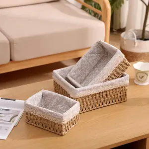 3-Piece Handmade Woven Storage Baskets Set, Paper Rope Material with Lining, Perfect for Organizing Stationery, Snacks, Toys & Cosmetics