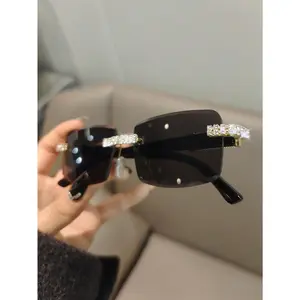 1pc Rhinestone Decoration Rimless Rectangle Frame Fashion Glasses For Women Men Glasses  Sunglasses Black Gradient Flash Sunglasses  shades women's  sunglass  reflection Tortoise Shell Pattern Sunglasses transition  lenses glasses  girl fishing glass