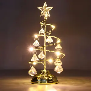 Christmas Tree Light, 13 Inch Crystal Spiral Christmas Tree Desk Decorative Light, Battery Powered Glittering Star Light with Metal Stand Home Bedroom Decor Xmas Christmas Ornament,Gold Decoration