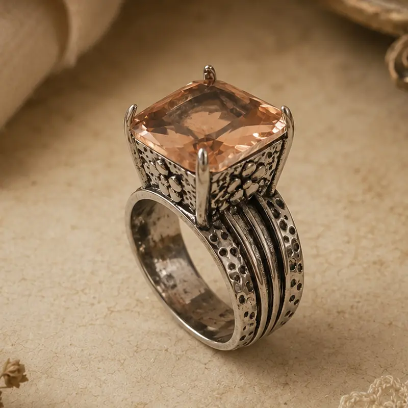 Vintage Square-Cut Statement Ring with Floral Accent – Copper Band Fashion Ring for Women, Elegant Retro Style Jewelry，4th of july accessories, Suitable for parties, festivals, gifting, and daily wear