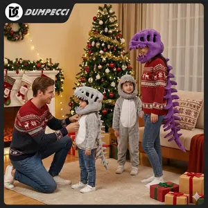 DUMPECCI Gray Plush Dino Skeleton Costume Set - Soft Headpiece & Tail. Perfect for Halloween, Christmas, Valentine's & family fun! A playful gift for kids, couples & adults.