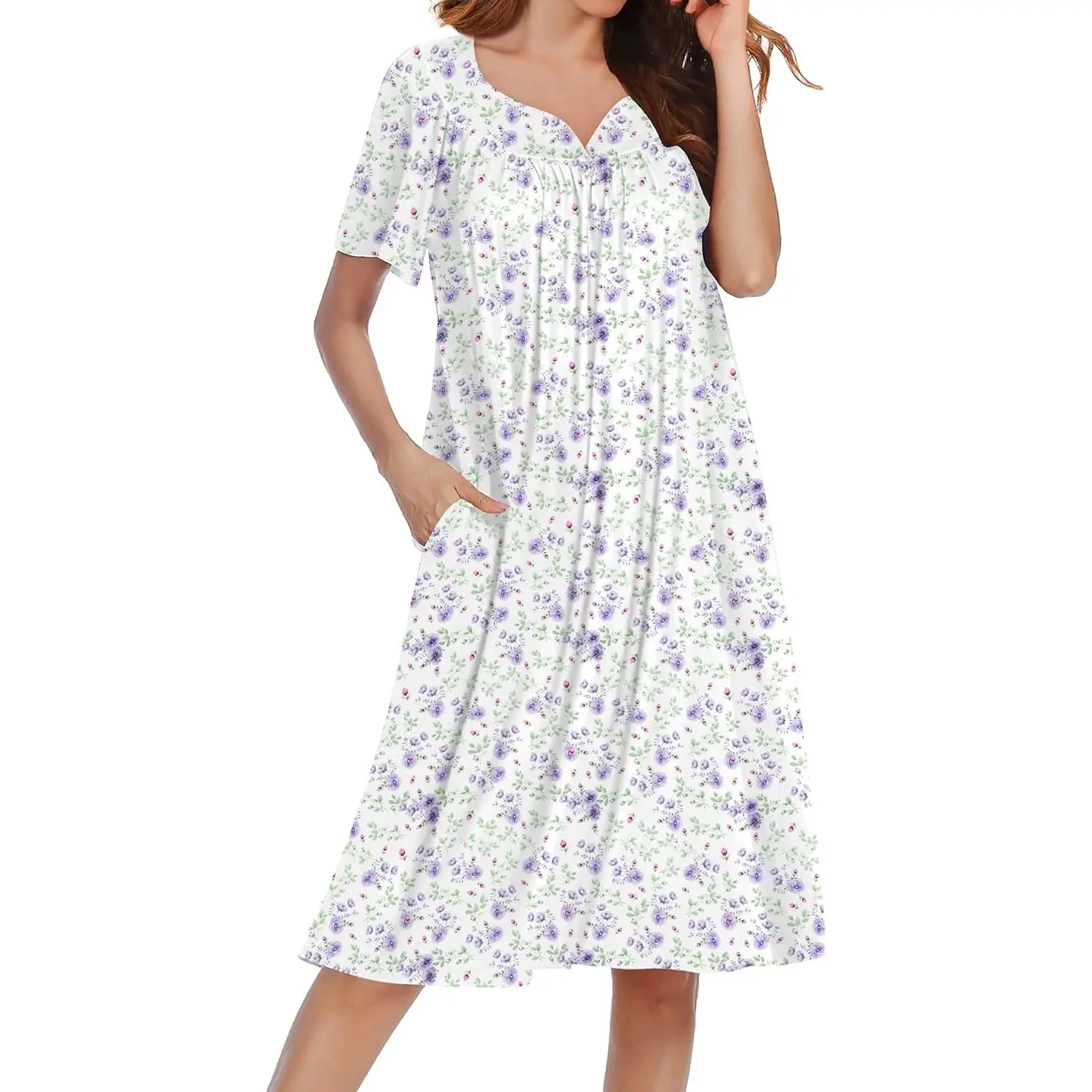 Women's Floral Mumu Nightgown, Soft V-Neck Sleepwear with Pockets, Pleated Short Sleeve Loungewear, Casual Homewear Clothes for Summer, Sleepwear Homewear Clothes