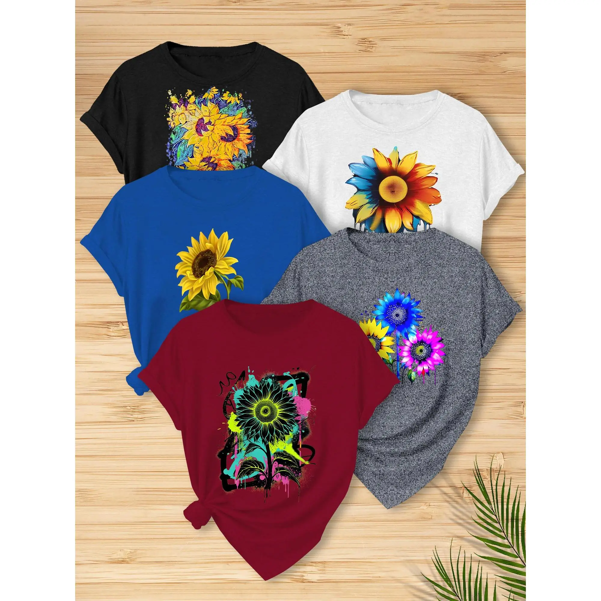 Women's 5-Piece Fitted Short-Sleeve T-Shirt Set, Summer Casual Streetwear, Artistic Sunflower Print, Round-Neck, Versatile, Machine-Washable, Shortsleeve, Tshirt, Women's Clothes, T Shirts For Women