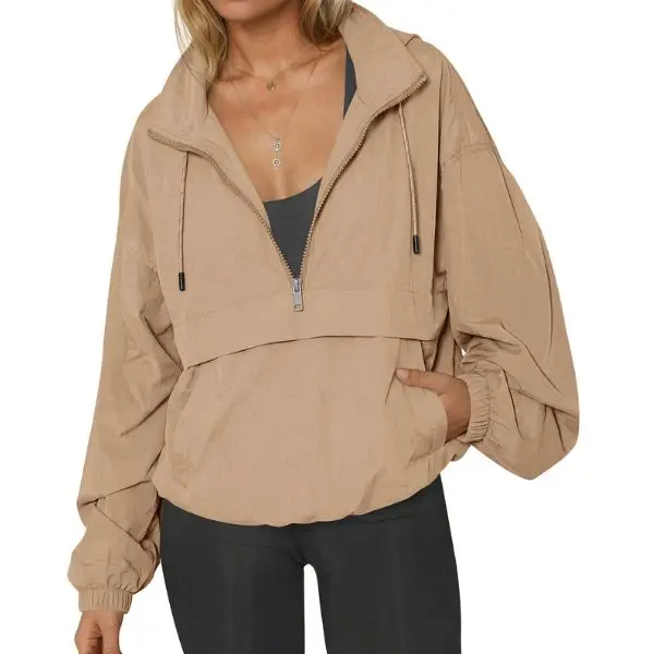 Fisoew Womens Lightweight Zipper Athletic Hooded Jackets Long Sleeve Windrproof Waterproof Outdoor Hiking Coats with Pocket, Tops, Ribbed, Dolman, Basic
