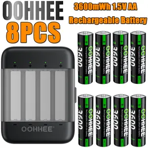 Rechargeable AA Batteries Lithium with Charger,8-PCS AA 3600mWh Lithium Batteries 1.5V,with Fast Charger, Rechargeable High Capacity AA Battery, Cycle Times up to 1200x