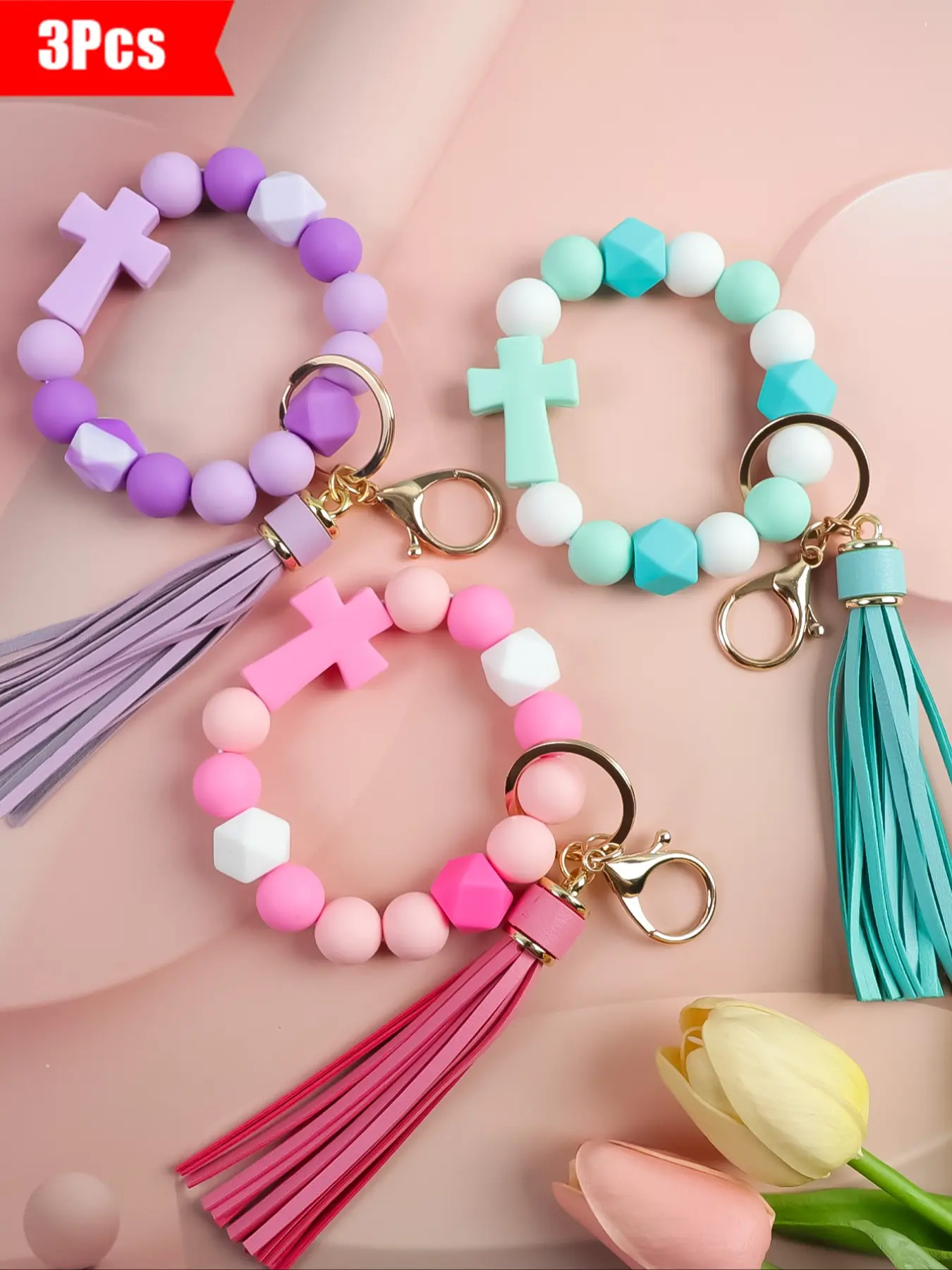3-Piece Cross Beaded Keychain Wristlet Set, Round Beads & Geometric Cut-Outs, Soft Touch, Elegant Style, Perfect Gift for Friends & Holidays