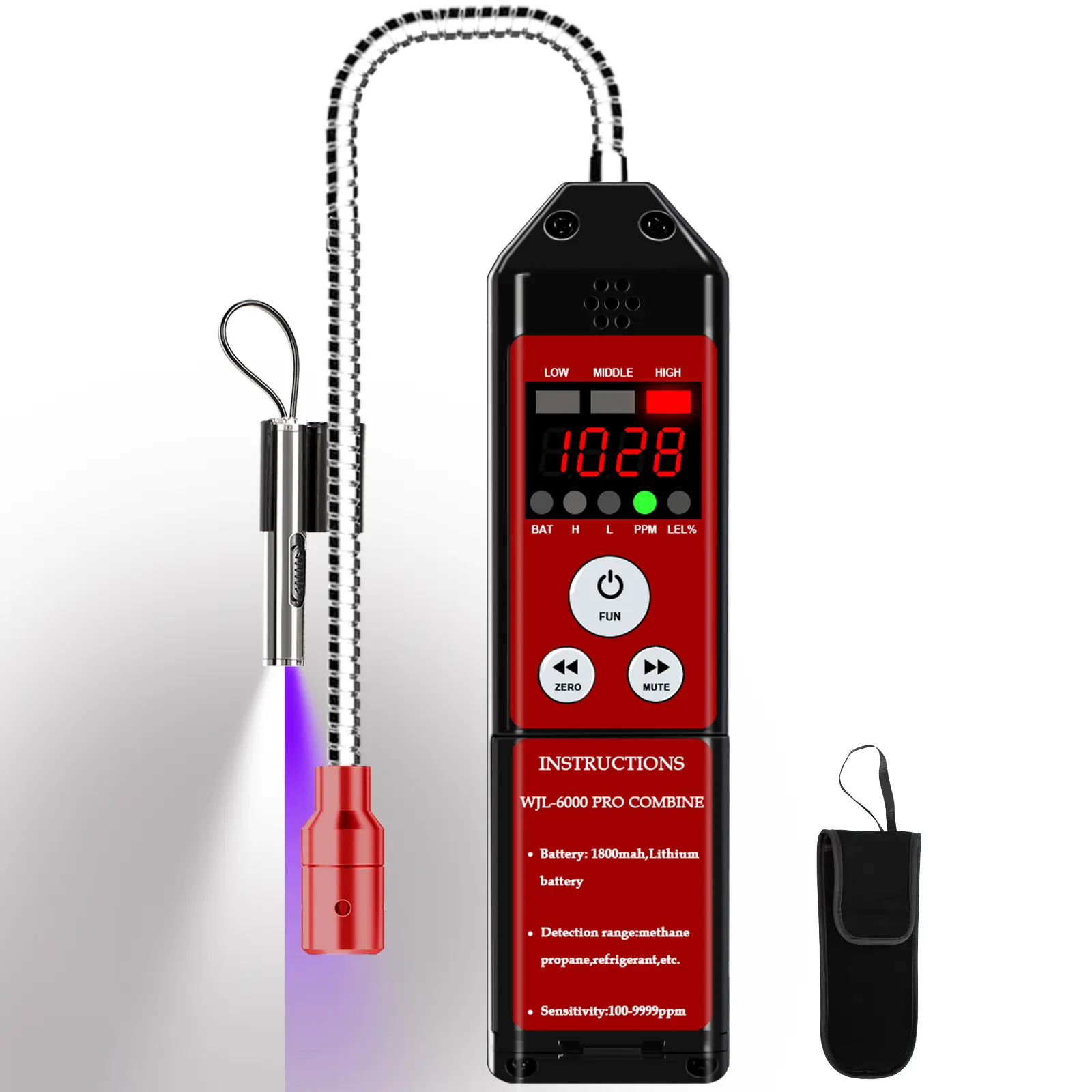 WJL-6000PRO 2-in-1 Natural Gas & Refrigerant Leak Detector, HVAC Leak Detector with Audible-Visual Alarm, USB-C Rechargeable 1800 mAh Battery, All-Metal Design, 100-9999ppm/LEL% Display for R134A R410A R32 R600a Propane Methane Freon Car   Gas Sniffer