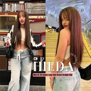 JBEXTENSION Mini G5 28 Inches Long Cold Brown Straight Wig With Bangs HILDA