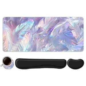 4pcs Feather Design Mouse Pad, Keyboard Wrist Rest, Coaster Set, Universal Mouse Pad For Desktop Decoration, Office Accessories, Ergonomic Wrist Support, Suitable For Home Office Gaming