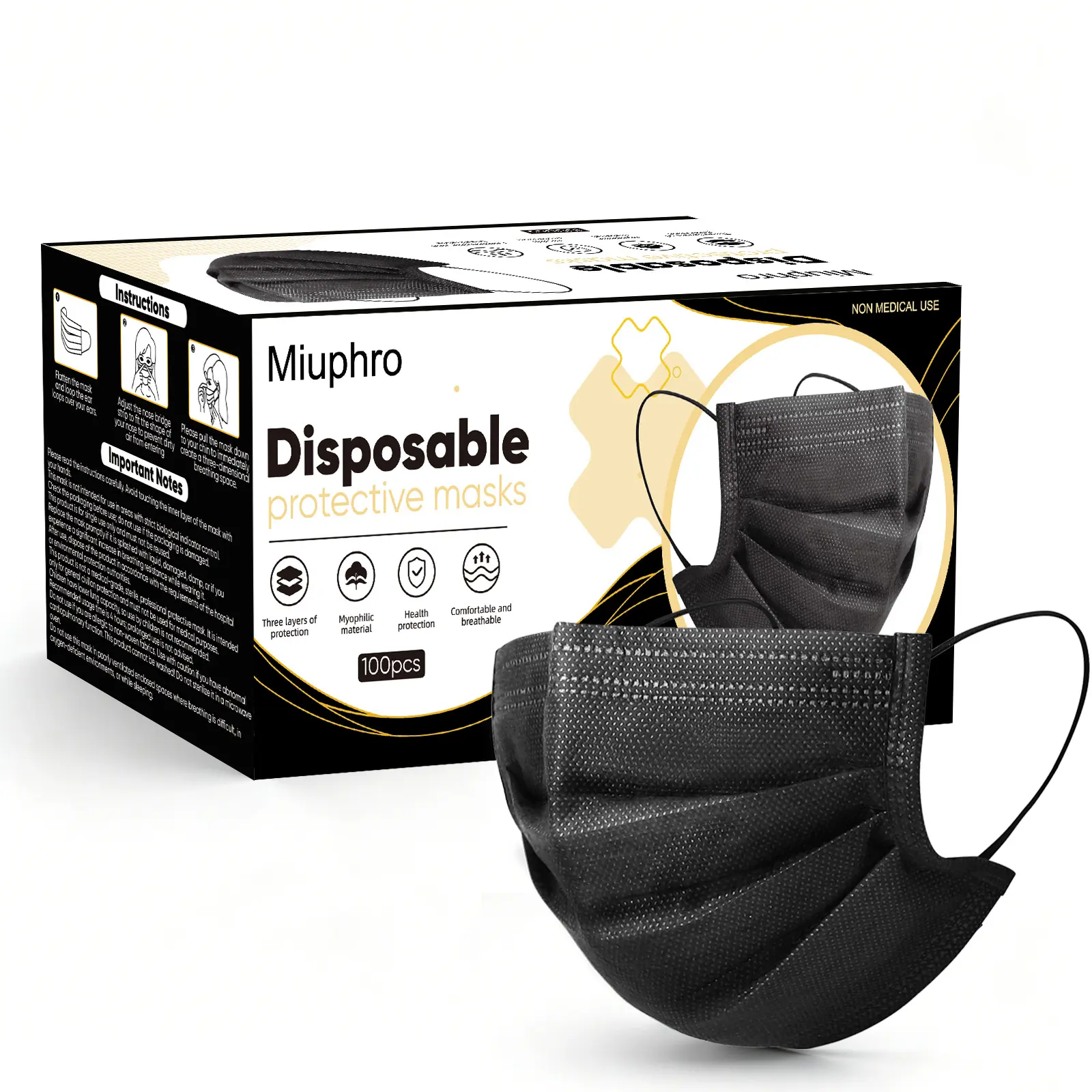 Miuphro Disposable Protective Masks - 100/200pcs Non-Medical Black Masks - 3-Layer Protection, Comfortable, Breathable - Ideal for Daily Use