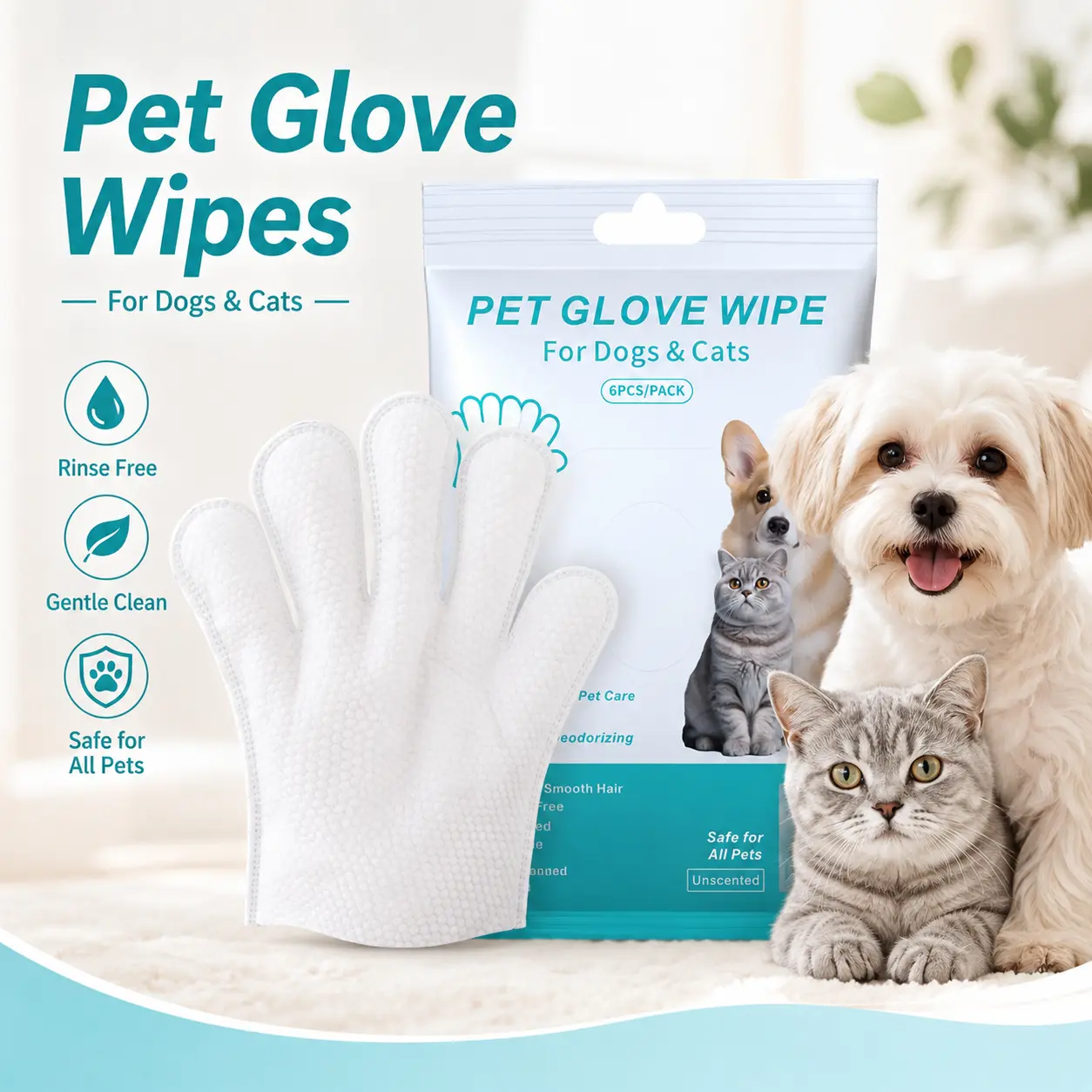 6Pcs 5-Finger Pet Grooming Glove Wipes for Dogs & Cats - Soft, Durable No-Rinse Disposable Gloves for Paws, Face, Ears, Full Body Clean, Effective Daily Cleaning, Travel & After Walks Waterless Bath Wipes, Effectively Cleaning
