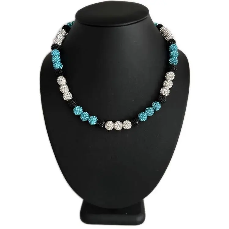 Iced Bling Disco Ball Rhinestone Pollyanna Crystal Bead Baseball Necklace Teal Blue Black