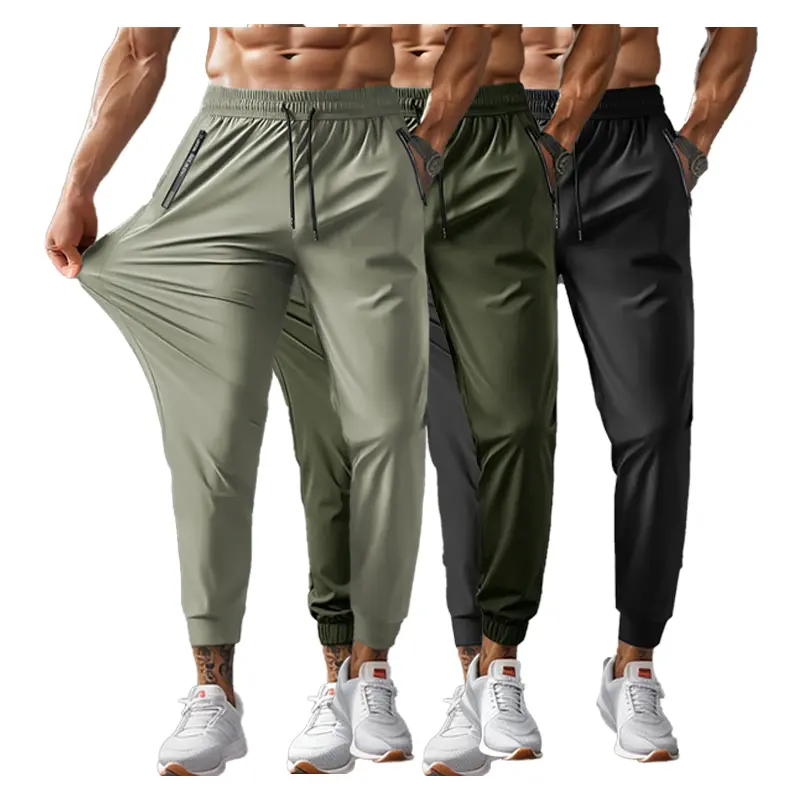 Men’s 3-piece ice silk jogging pants set — crafted from lightweight, breathable fabric with moderate stretch and an elastic waistband, featuring a snug, cuffed fit with pockets — solid-color outdoor casual athletic pants, machine washable, comfortable and