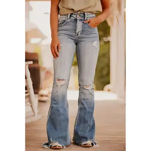 Women's New Blue Ripped Flared Washed Vintage Denim Pants - Women's Clothing Bottoms for Sports & Outdoor Jogging