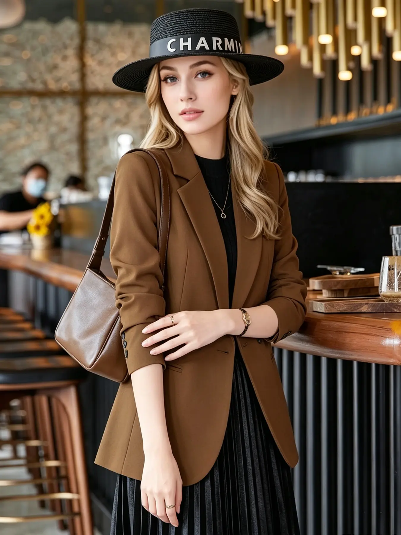 Dark brown double breasted suit jacket with three quarter sleeves and waist cinched small suit, versatile Chic Elegant commuter women's top, Minimalist Blazer, Work Casual Blazers