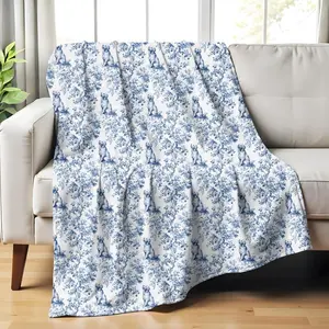 Golden Retriever French Toile Blanket, Velveteen Blue Toile de Jouy Cozy Throw for Golden Retriever Lovers, Dog Mom Plush Blanket Gifts