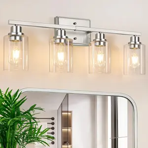 4 Light Bathroom Light Fixtures, Modern Vanity Lights Over Mirror, Black Wall Lamp with Clear Glass for Living Room Cabinet Bedroom Porch