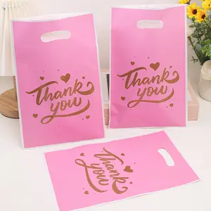 50 Plastic Gift Bags with Handwriting and Heart Design, Thank You Message, Handles Included, Party Gift Packs, Perfect for Gifts and Presents