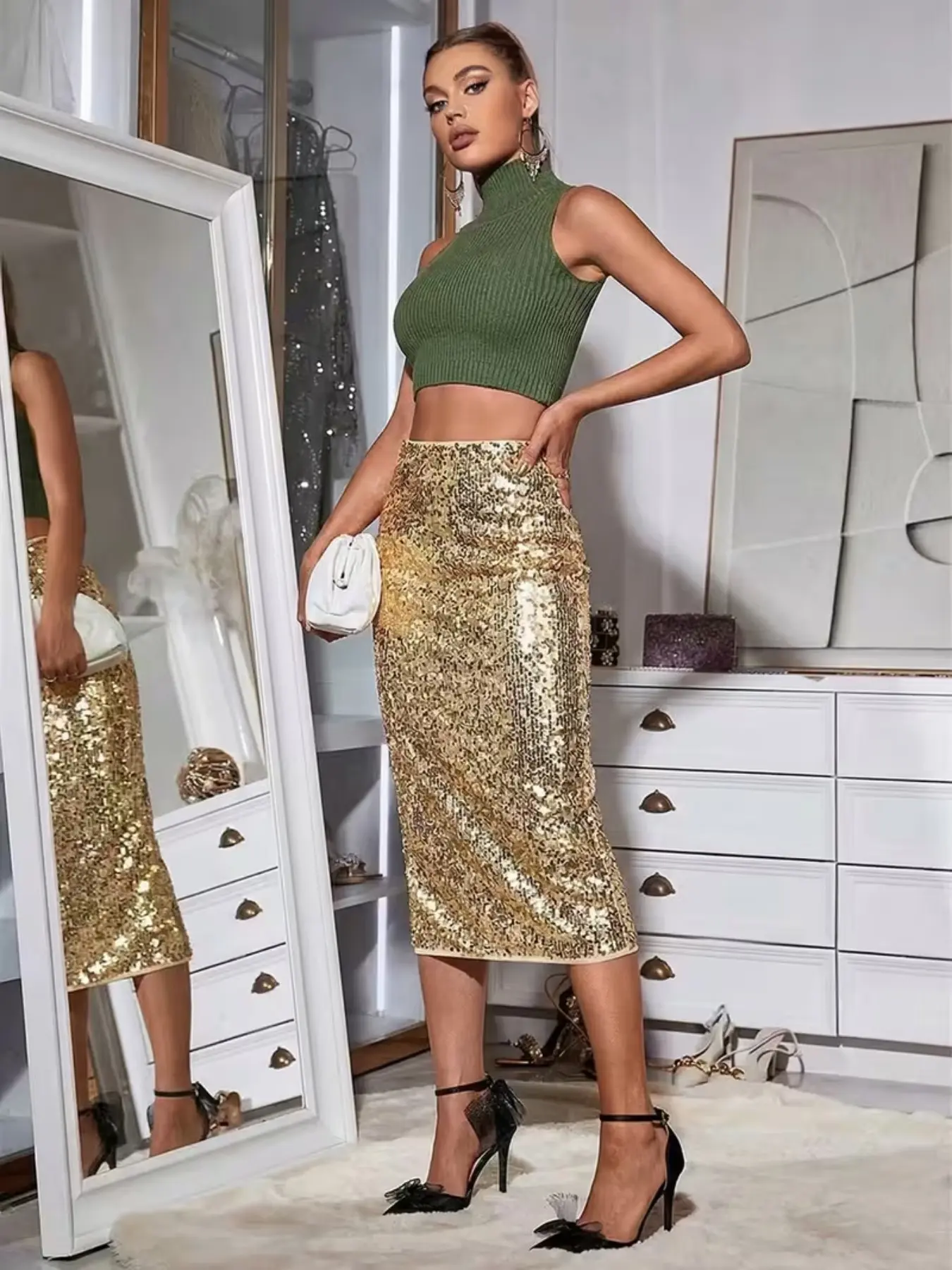 Women's Sequin Midi Skirt, Elegant Party Dress, Side Zipper Design, Slim-Fitting, High Waist, Fishtail Style, All Seasons, Fishtail Hem, High Waist Skirts