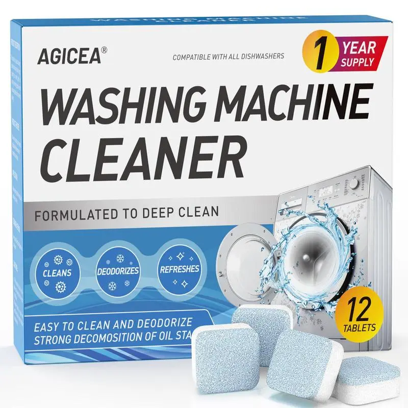 Washing Machine Cleaner Descaler 12 Pack - Deep Cleaning Tablets For HE Front Loader & Top Load Washer, Septic Safe Eco-Friendly Deodorizer, Clean Inside Drum And Laundry Tub Seal - 12 Month Supply，Summervibes