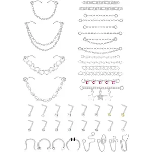 MILACOLATO 20G Nose Rings Studs with Chains African Nose Ring Cuff Horseshoe Septum Rings Stainless Steel Star Heart Nose Ring Chain Piercing Jewelry Set for Women Men