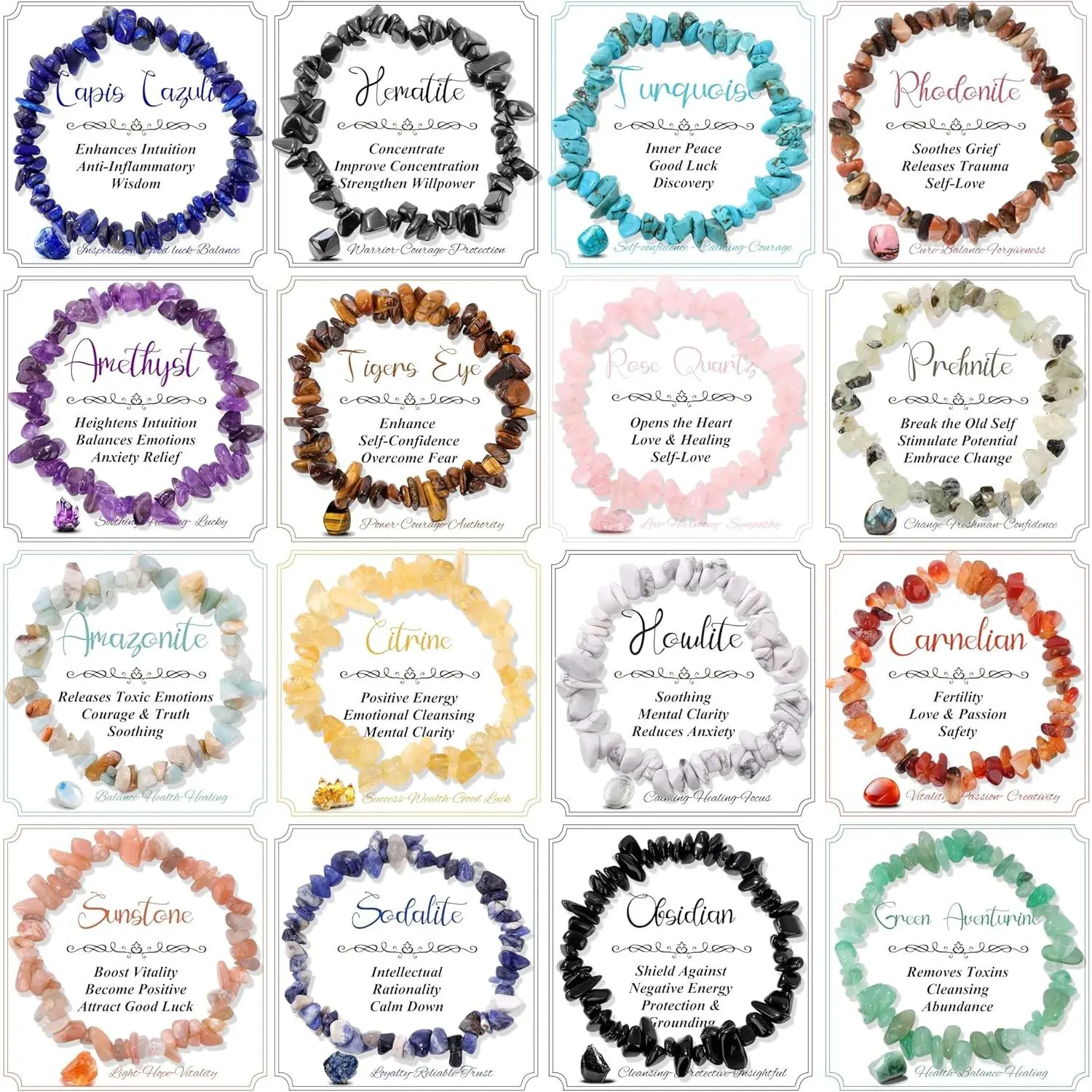 Women's Unisex 16Pcs Natural Gemstone Chakra Crystal Irregular Chip Beads Stretch Adjustable Bracelets - Bulk Colorful Stone Gravel Spiritual Jewelry for Daily Wear, Stress Relief