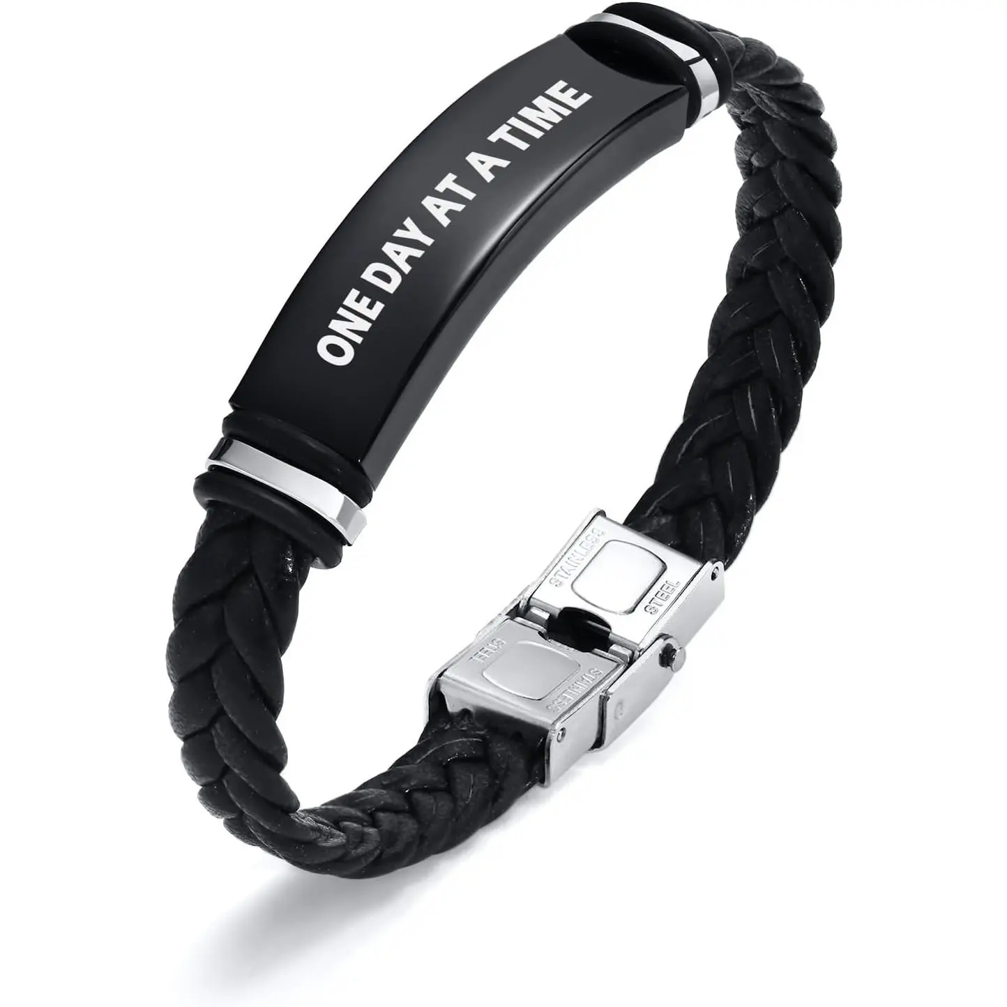 Leather Bracelet Sobriety Gifts for Men : Inspirational Quote/ Verse Engraved Braided Black Mens Bracelet for Him, Customized Religious Christian   for Son/Dad/Boys/Boyfriend/Husband