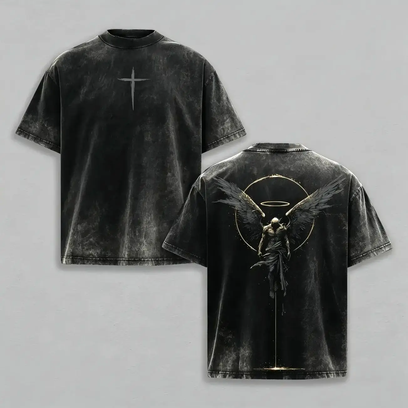ARCHANGEL OF REPENTANCE T-Shirt Acid Wash Pump Cover Fallen Angel Double Printed Heavy Cotton Unisex Crusader Armor Graphic Tee, Vintage Cross Shirt, Medieval Warrior Streetwear, Gothic Faith Oversized Tee,funny graphic tee, men’s trendy t-shirts CSP