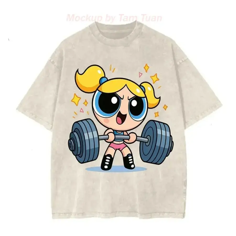 Women's Cotton Round Neck Graphic Powerpuff Girls Bubbles Gym Washed Tee - Unisex Breathable Streetwear Fit Shirt, USA-Made Heavy Lifting Gift for Youth
