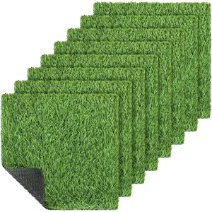 8 Packs Artificial Grass Mat 12 x 12 Inch Squares Fake Grass Mat Synthetic Turf Patch Realistic Grass Rug Artificial Grass Tiles with Drain Hole for DIY Indoor Decoration, Grass Green