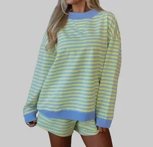 Women Color Block Striped 2 Piece Loungewear Set Oversized Loose Long Sleeve Pullover Elastic High Waist Shorts 95% Cotton Soft Breathable Casual Summer Tracksuit Yellow Blue Stripe Outfit summer two piece outfit summer loungewear